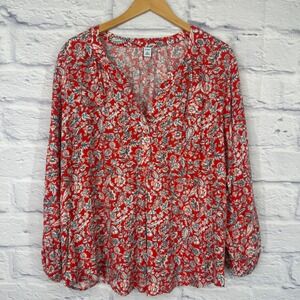 Old Navy Floral Paisley Blouse Womens XXL Red Orange Long Sleeve Split Neck
